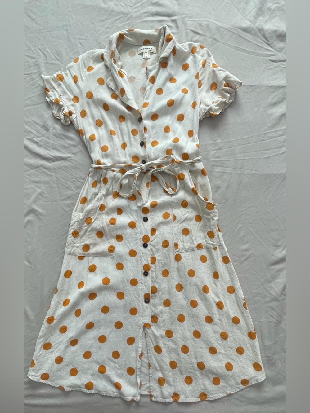 Monteau White Dress with Mustard Polka Dots - Picture 2 of 4